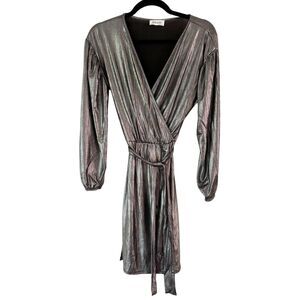 Love Sadie Silver Metallic Faux Wrap Ballon Sleeve Party Cocktail Dress Size XS